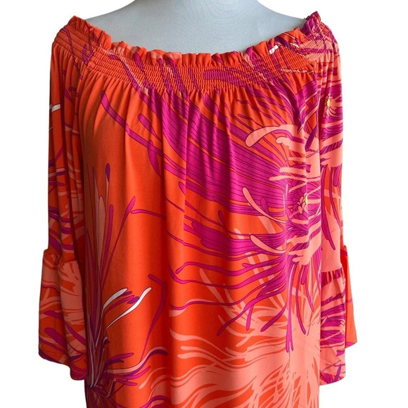 Trina Turk Off-Shoulder Orange Pink Floral Print Dress Women’s Size M NWT - Picture 2 of 7